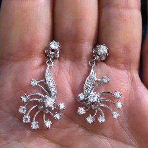 14K White Gold Diamond Star Burst Dangle Earrings